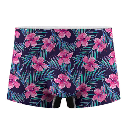 Teal Tropical Hibiscus Pattern Print Men's Boxer Briefs