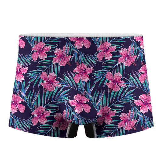 Teal Tropical Hibiscus Pattern Print Men's Boxer Briefs