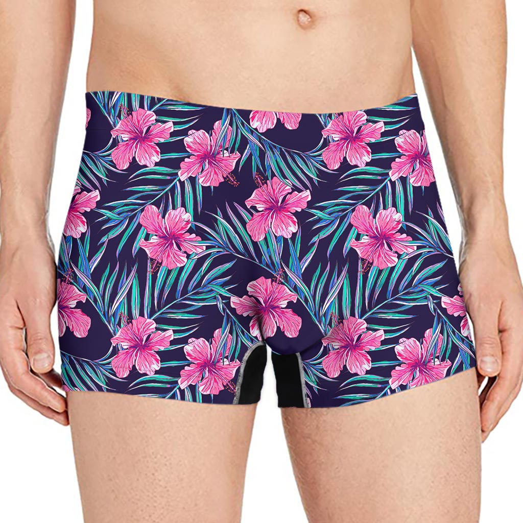 Teal Tropical Hibiscus Pattern Print Men's Boxer Briefs