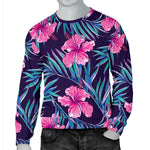 Teal Tropical Hibiscus Pattern Print Men's Crewneck Sweatshirt GearFrost