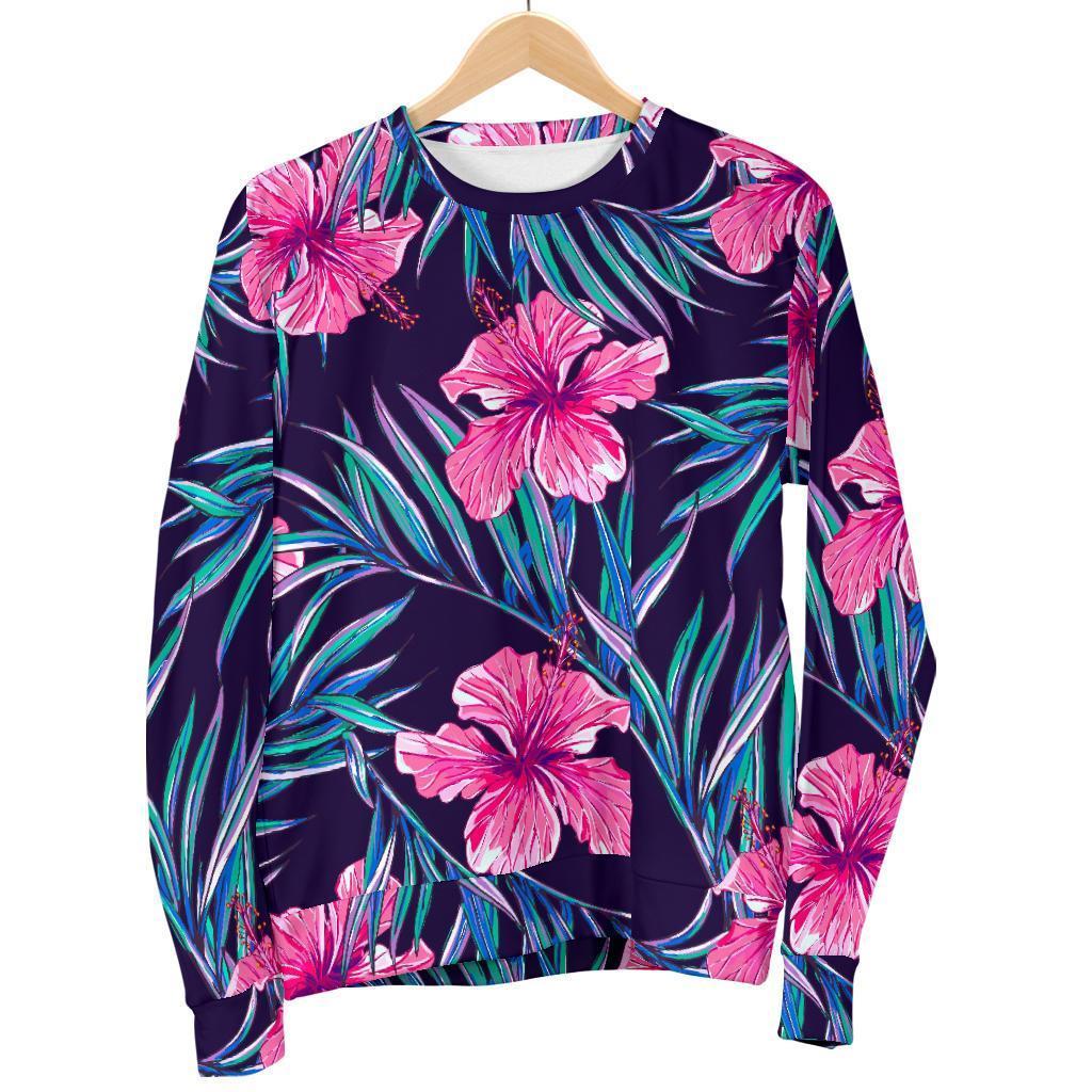 Teal Tropical Hibiscus Pattern Print Men's Crewneck Sweatshirt GearFrost