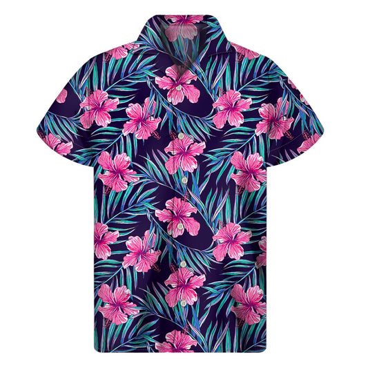 Teal Tropical Hibiscus Pattern Print Men's Short Sleeve Shirt
