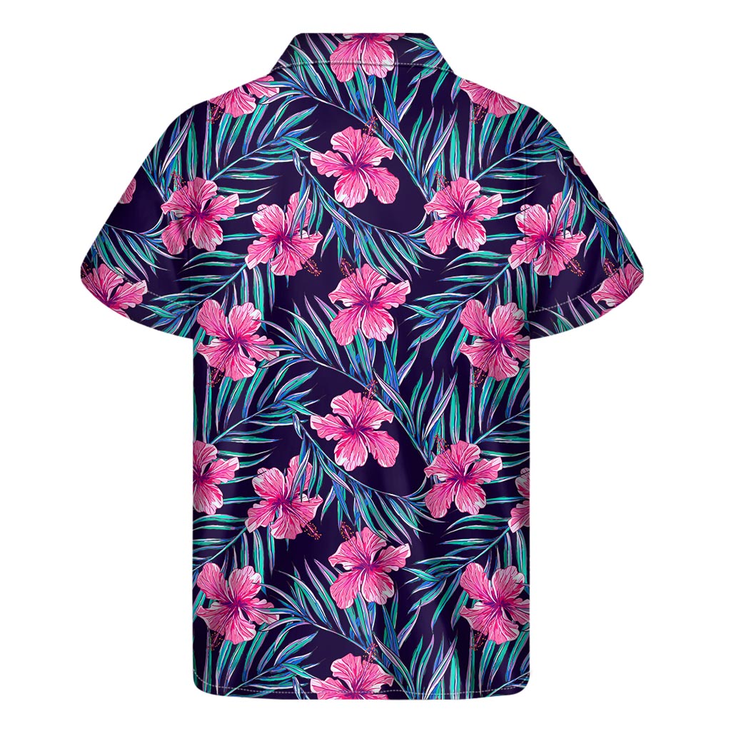 Teal Tropical Hibiscus Pattern Print Men's Short Sleeve Shirt