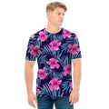 Teal Tropical Hibiscus Pattern Print Men's T-Shirt