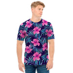 Teal Tropical Hibiscus Pattern Print Men's T-Shirt