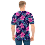 Teal Tropical Hibiscus Pattern Print Men's T-Shirt