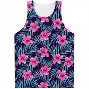 Teal Tropical Hibiscus Pattern Print Men's Tank Top