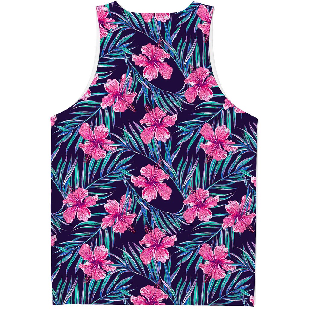 Teal Tropical Hibiscus Pattern Print Men's Tank Top