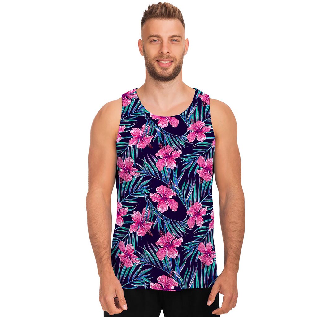Teal Tropical Hibiscus Pattern Print Men's Tank Top
