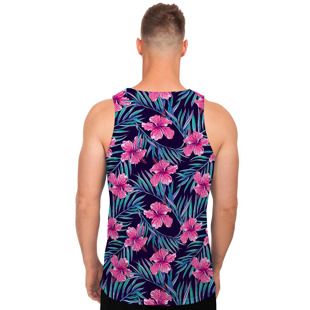 Teal Tropical Hibiscus Pattern Print Men's Tank Top