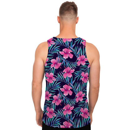 Teal Tropical Hibiscus Pattern Print Men's Tank Top