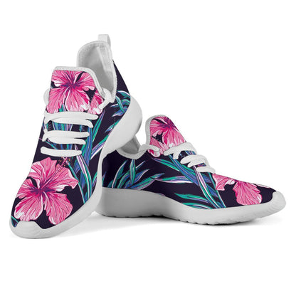 Teal Tropical Hibiscus Pattern Print Mesh Knit Shoes GearFrost
