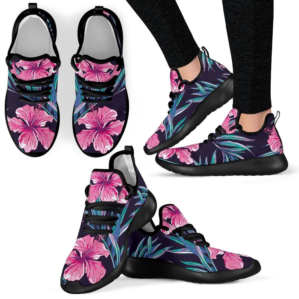 Teal Tropical Hibiscus Pattern Print Mesh Knit Shoes GearFrost