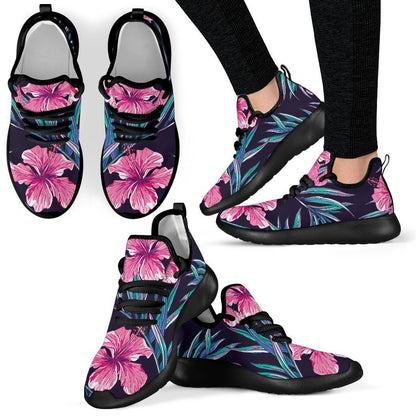 Teal Tropical Hibiscus Pattern Print Mesh Knit Shoes GearFrost
