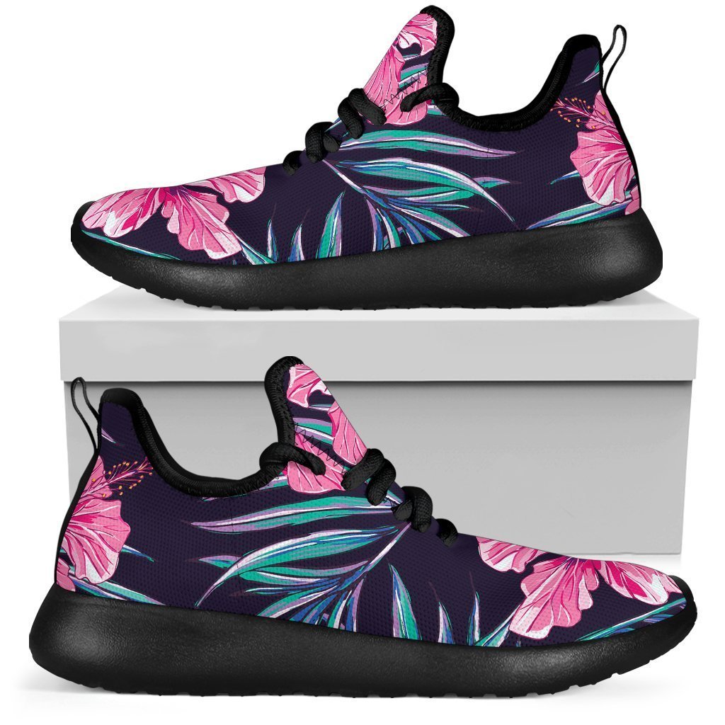 Teal Tropical Hibiscus Pattern Print Mesh Knit Shoes GearFrost