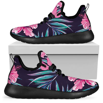 Teal Tropical Hibiscus Pattern Print Mesh Knit Shoes GearFrost