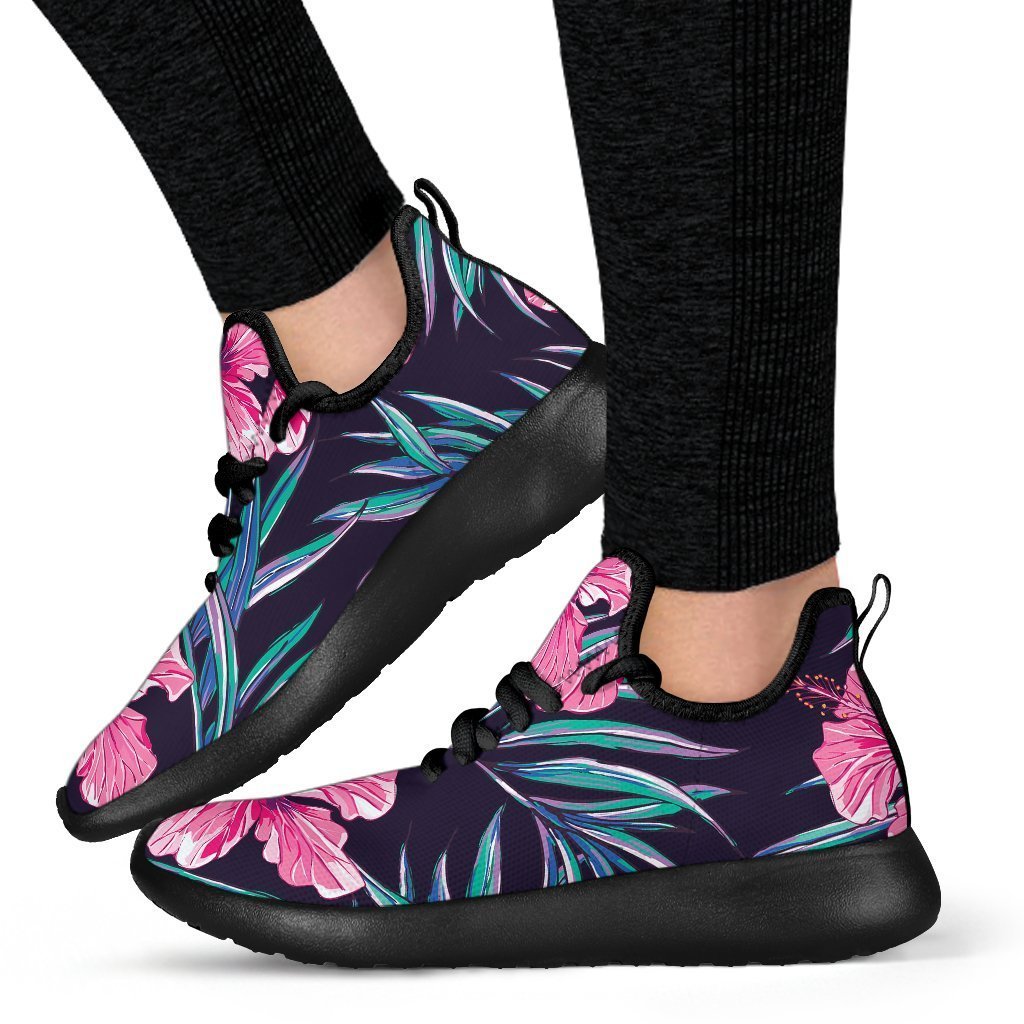 Teal Tropical Hibiscus Pattern Print Mesh Knit Shoes GearFrost