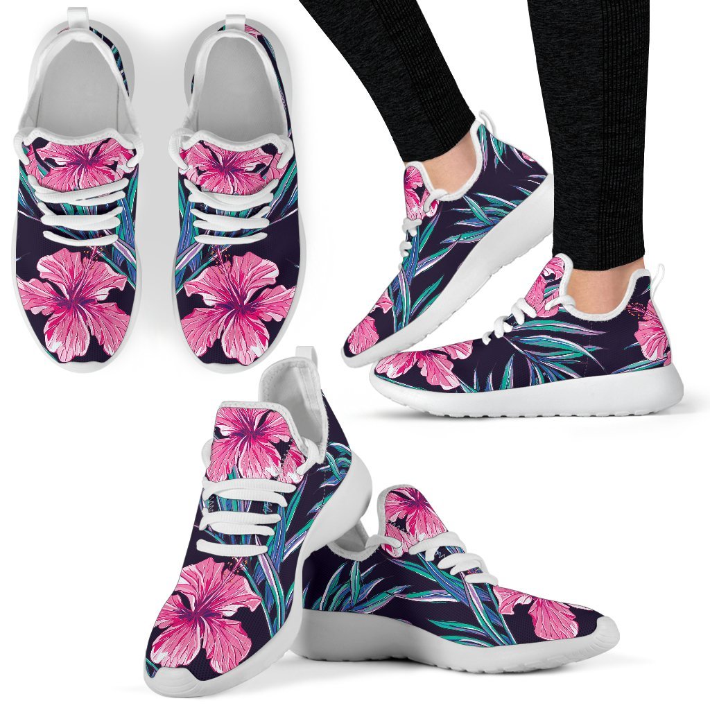 Teal Tropical Hibiscus Pattern Print Mesh Knit Shoes GearFrost