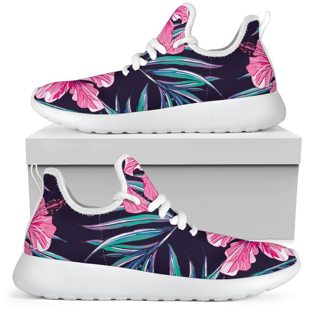 Teal Tropical Hibiscus Pattern Print Mesh Knit Shoes GearFrost