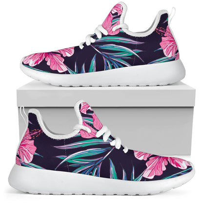 Teal Tropical Hibiscus Pattern Print Mesh Knit Shoes GearFrost
