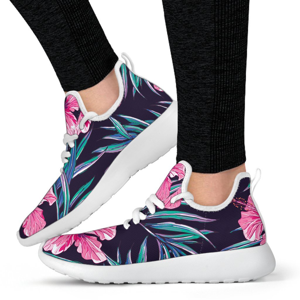 Teal Tropical Hibiscus Pattern Print Mesh Knit Shoes GearFrost