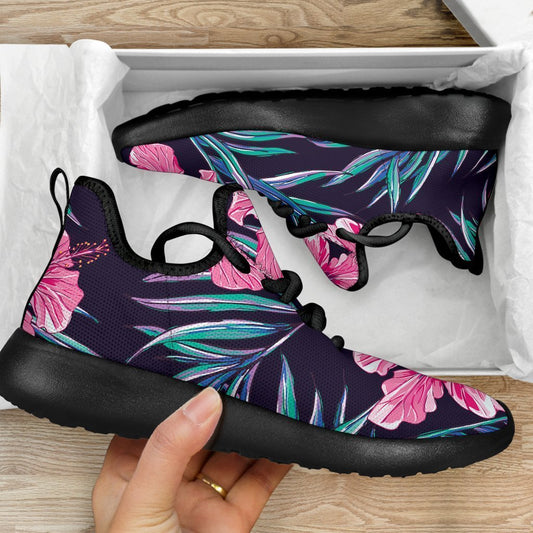Teal Tropical Hibiscus Pattern Print Mesh Knit Shoes GearFrost