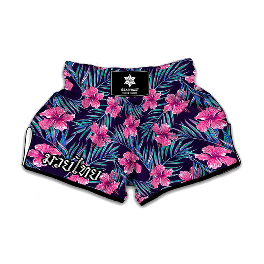 Teal Tropical Hibiscus Pattern Print Muay Thai Boxing Shorts