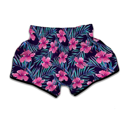 Teal Tropical Hibiscus Pattern Print Muay Thai Boxing Shorts