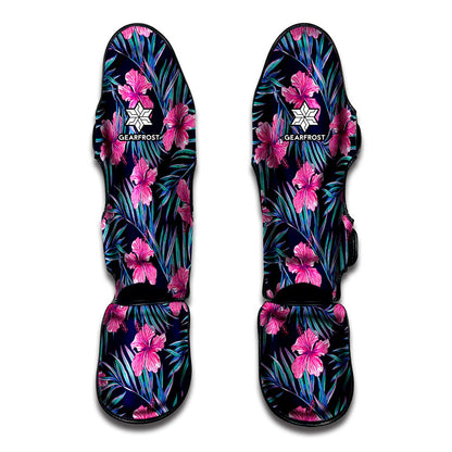 Teal Tropical Hibiscus Pattern Print Muay Thai Shin Guard