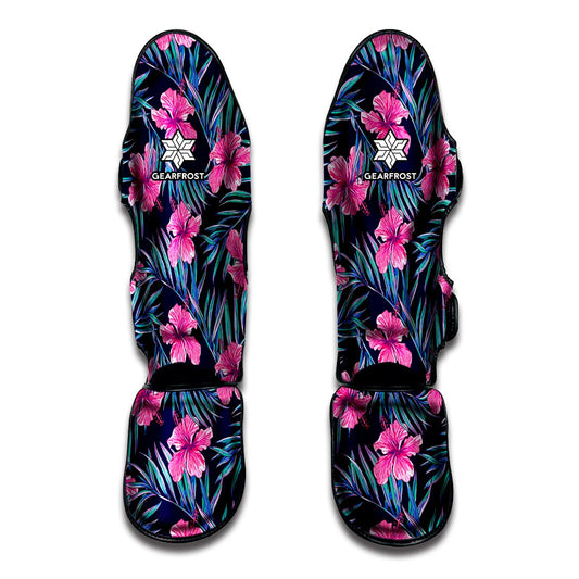 Teal Tropical Hibiscus Pattern Print Muay Thai Shin Guard