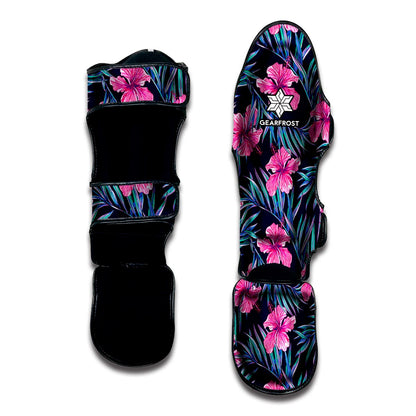 Teal Tropical Hibiscus Pattern Print Muay Thai Shin Guard
