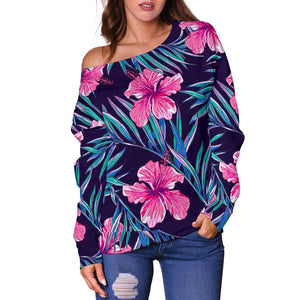 Teal Tropical Hibiscus Pattern Print Off Shoulder Sweatshirt GearFrost