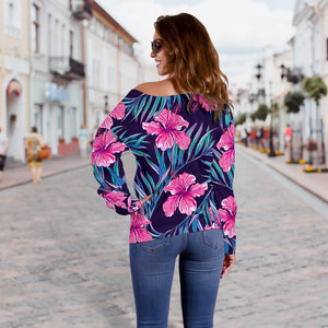 Teal Tropical Hibiscus Pattern Print Off Shoulder Sweatshirt GearFrost