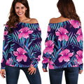 Teal Tropical Hibiscus Pattern Print Off The Shoulder Sweatshirt
