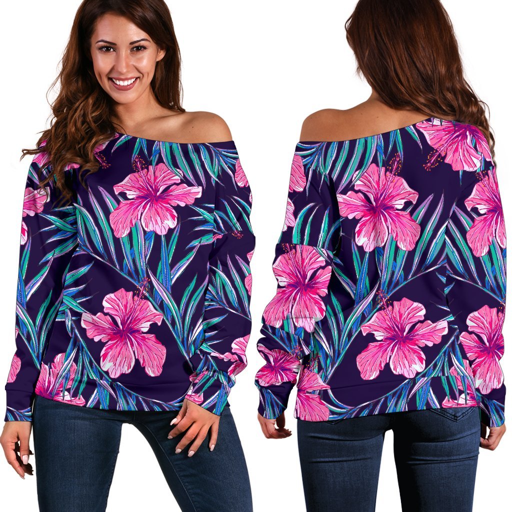 Teal Tropical Hibiscus Pattern Print Off Shoulder Sweatshirt GearFrost