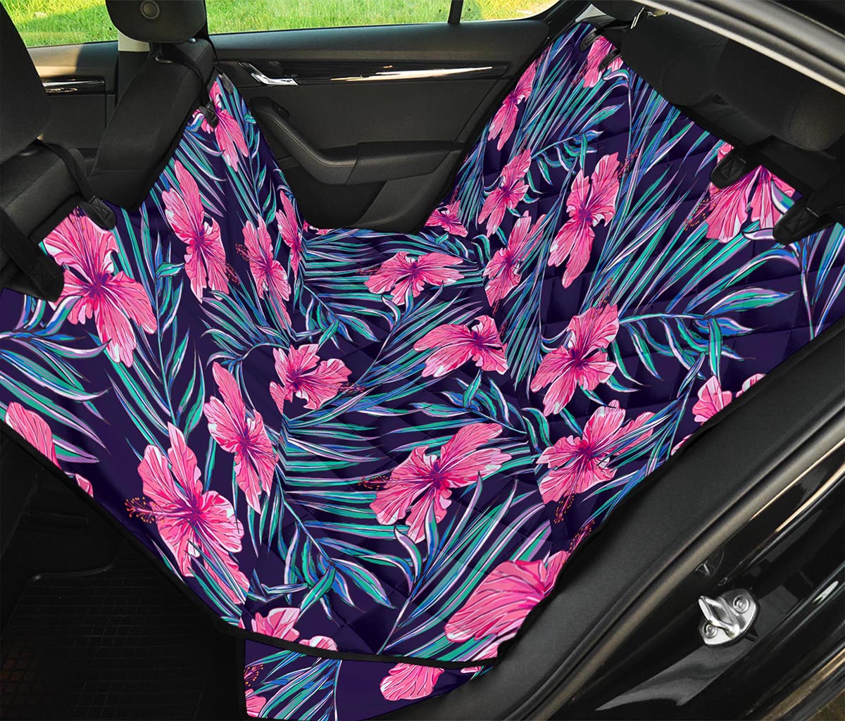 Teal Tropical Hibiscus Pattern Print Pet Car Back Seat Cover