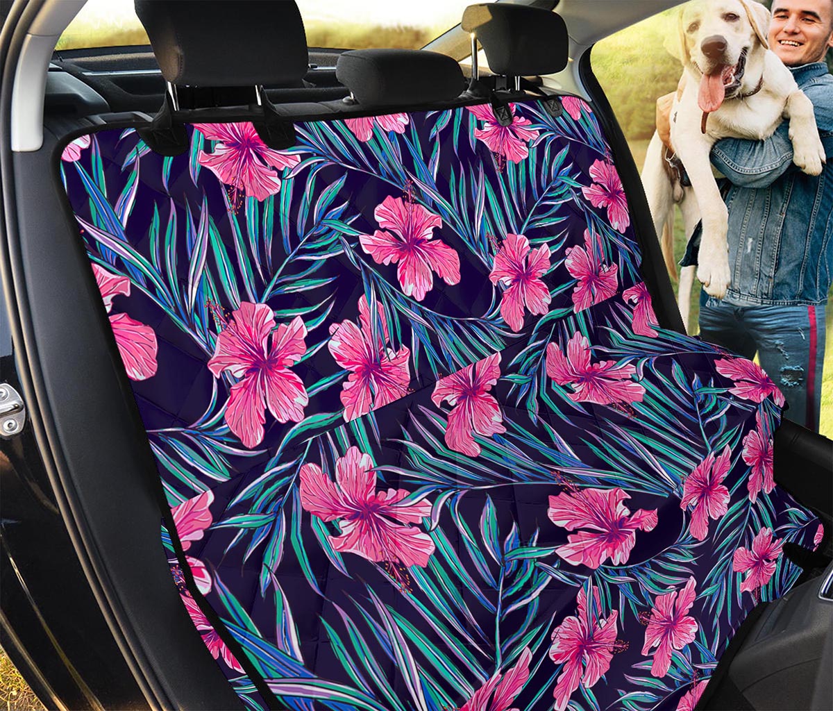 Teal Tropical Hibiscus Pattern Print Pet Car Back Seat Cover