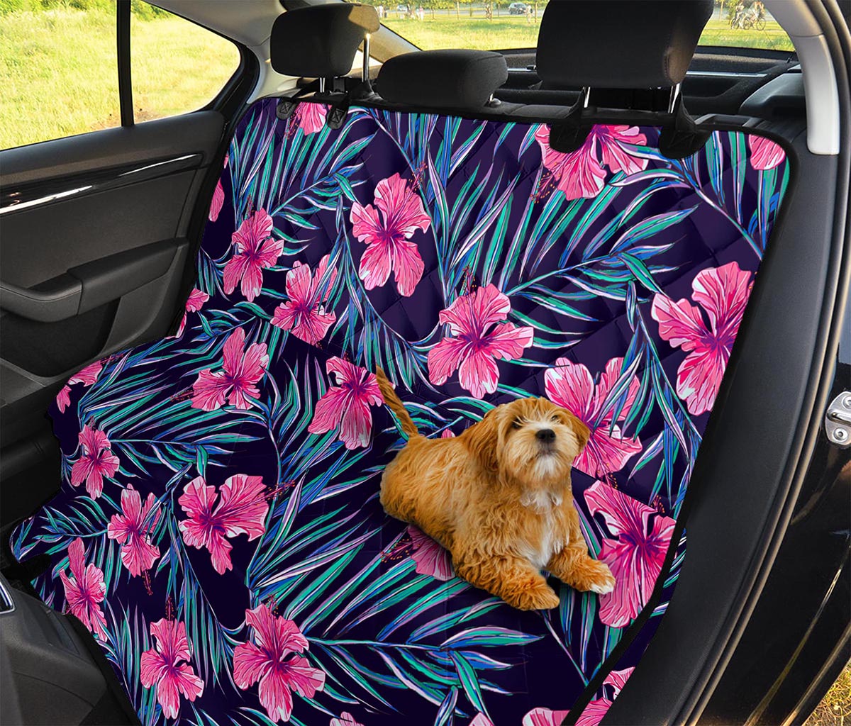 Teal Tropical Hibiscus Pattern Print Pet Car Back Seat Cover