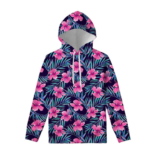 Teal Tropical Hibiscus Pattern Print Pullover Hoodie