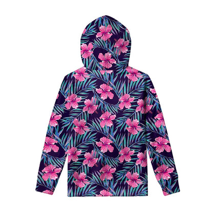 Teal Tropical Hibiscus Pattern Print Pullover Hoodie