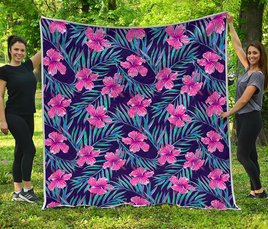 Teal Tropical Hibiscus Pattern Print Quilt