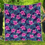 Teal Tropical Hibiscus Pattern Print Quilt