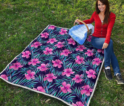Teal Tropical Hibiscus Pattern Print Quilt