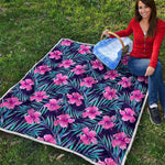 Teal Tropical Hibiscus Pattern Print Quilt