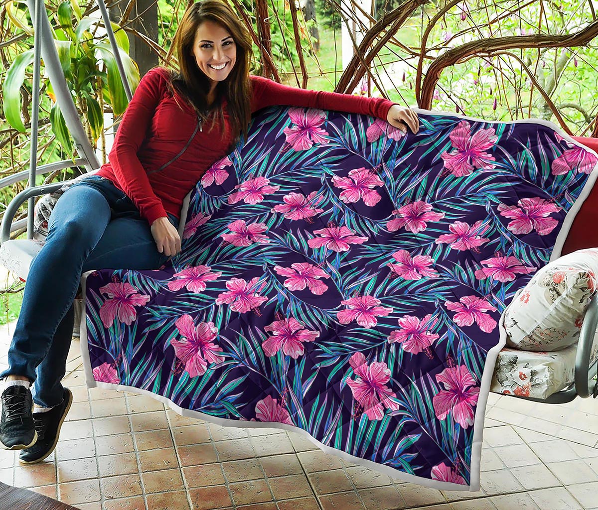 Teal Tropical Hibiscus Pattern Print Quilt