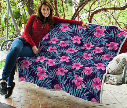 Teal Tropical Hibiscus Pattern Print Quilt
