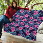 Teal Tropical Hibiscus Pattern Print Quilt