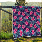 Teal Tropical Hibiscus Pattern Print Quilt