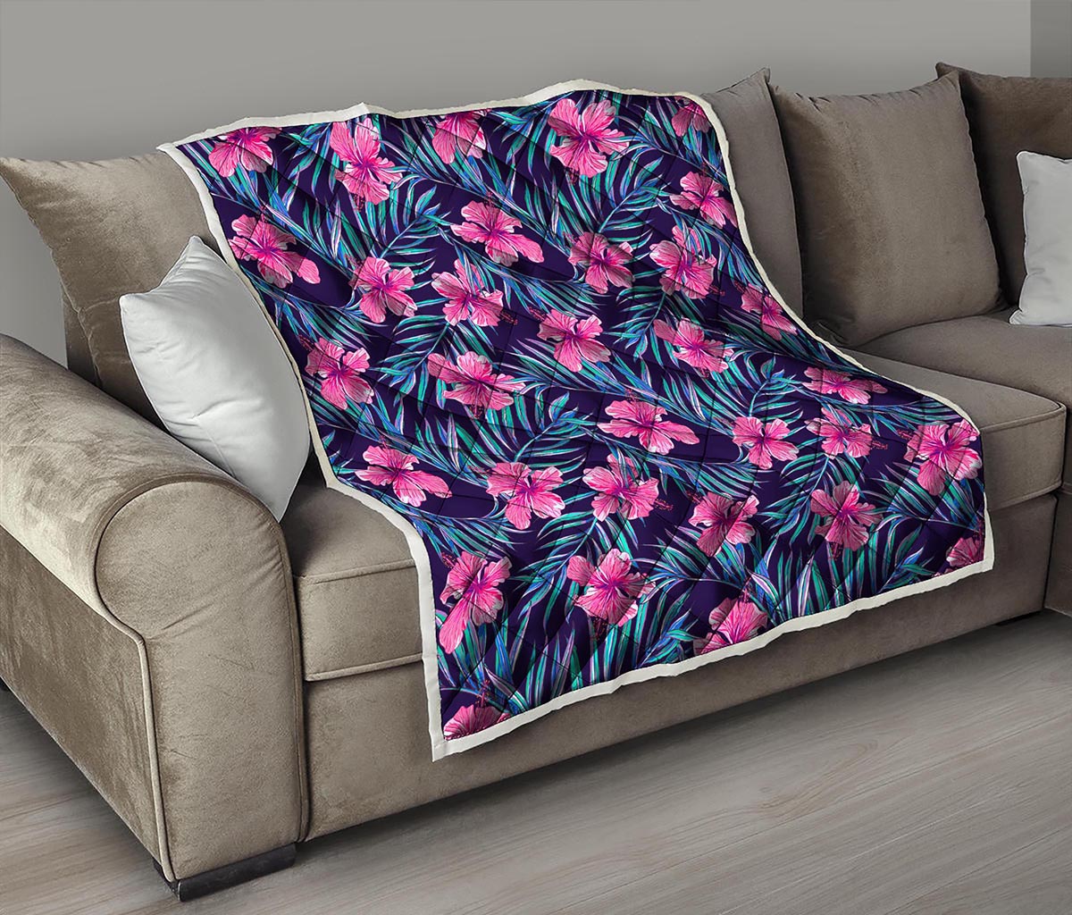 Teal Tropical Hibiscus Pattern Print Quilt