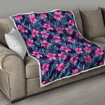 Teal Tropical Hibiscus Pattern Print Quilt
